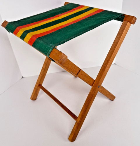 Vtg wood canvas folding stool - folding,